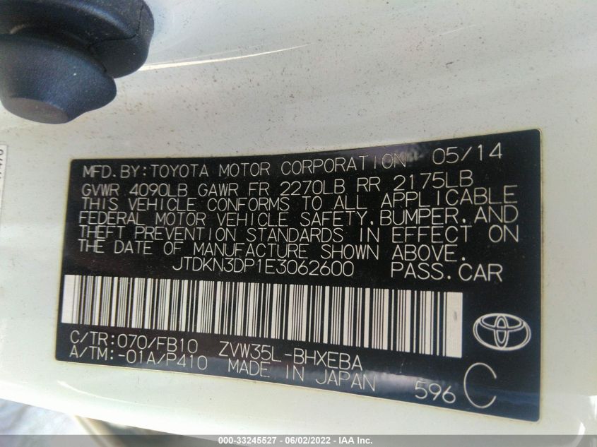 2014 TOYOTA PRIUS PLUG-IN JTDKN3DP1E3062600