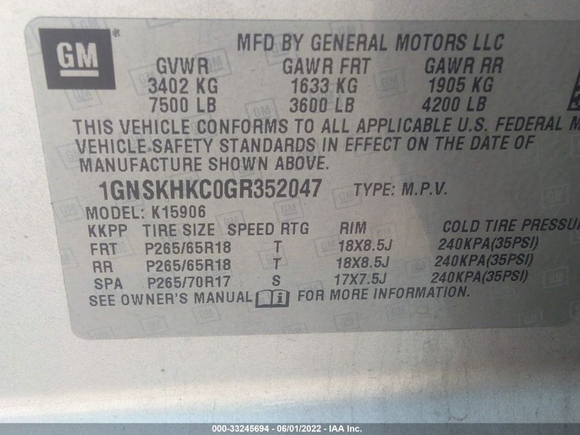 2016 CHEVROLET SUBURBAN LT 1GNSKHKC0GR352047