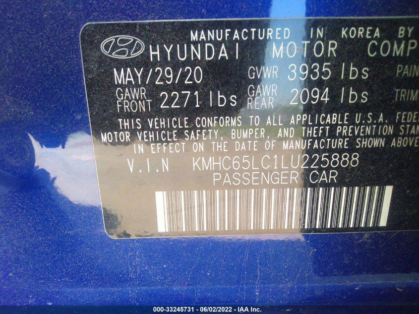 2020 HYUNDAI IONIQ HYBRID BLUE KMHC65LC1LU225888