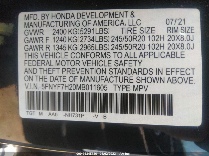 2021 HONDA PASSPORT SPORT 5FNYF7H20MB011605