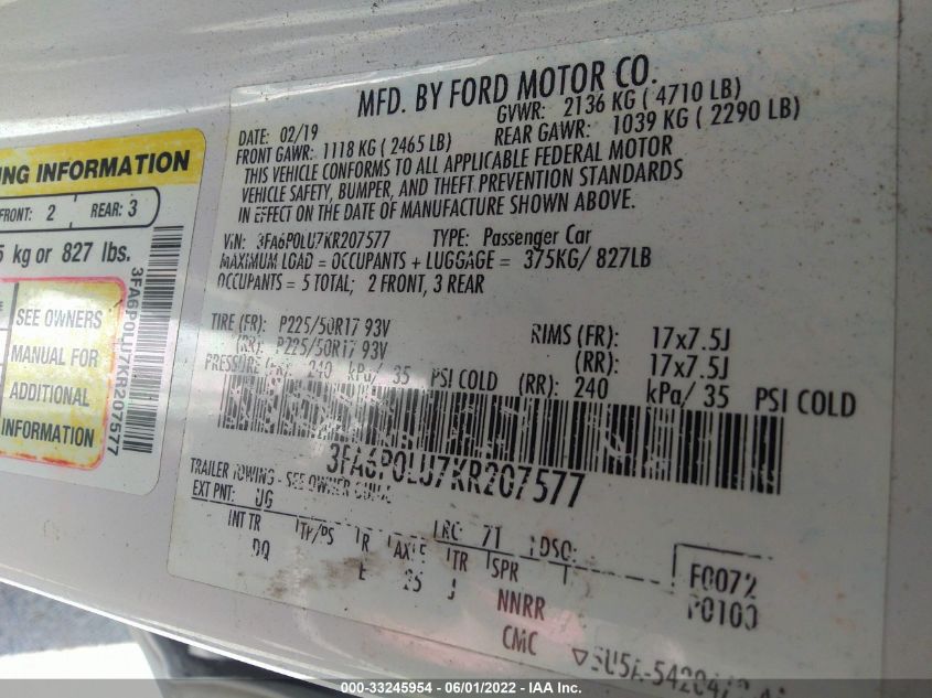 2019 FORD FUSION HYBRID SE 3FA6P0LU7KR207577