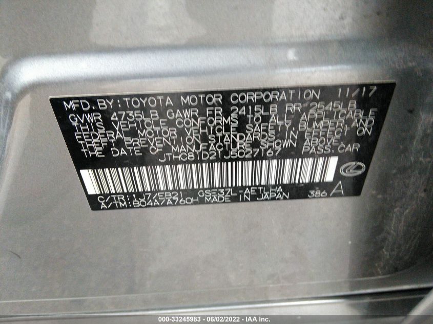 2018 LEXUS IS IS 300 JTHC81D21J5027167