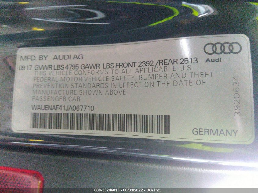 2018 AUDI A4 PREMIUM PLUS WAUENAF41JA067710