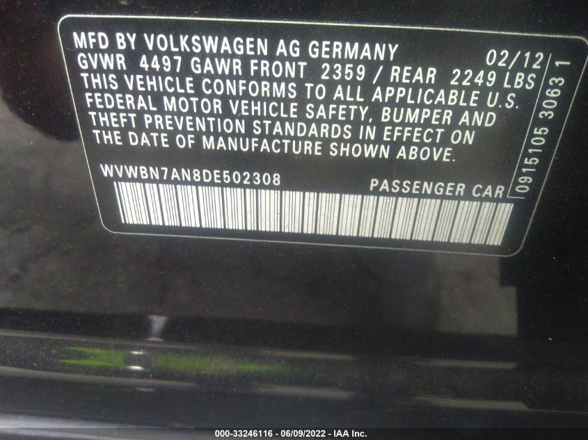 2013 VOLKSWAGEN CC SPORT PLUS WVWBN7AN8DE502308