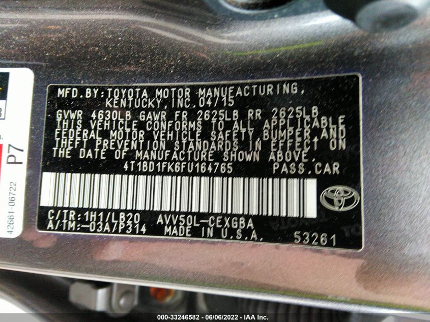 2015 TOYOTA CAMRY HYBRID LE/XLE/SE 4T1BD1FK6FU164765