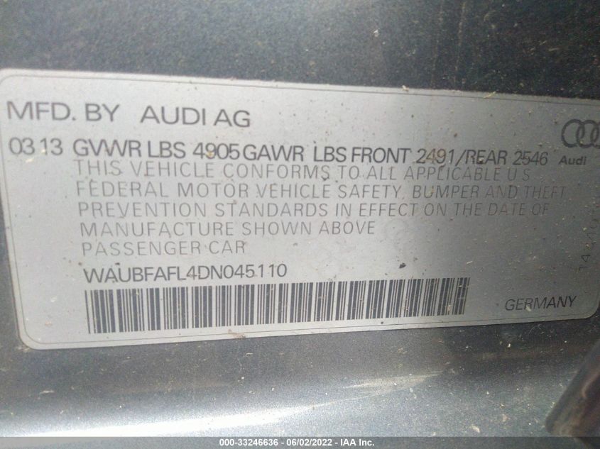 2013 AUDI A4 PREMIUM WAUBFAFL4DN045110