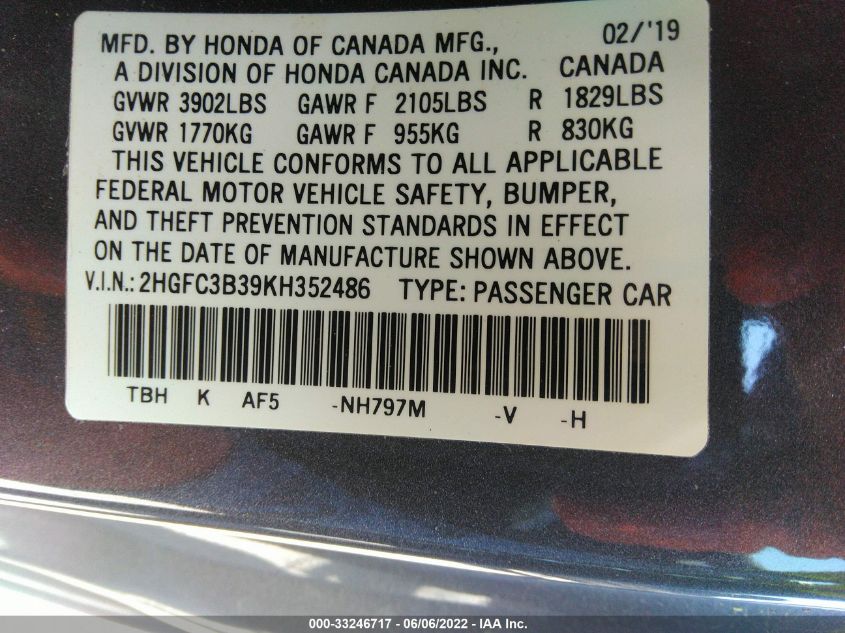 2019 HONDA CIVIC COUPE EX 2HGFC3B39KH352486
