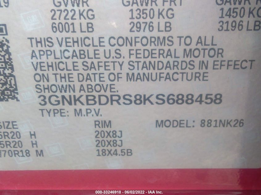 2019 CHEVROLET BLAZER 3GNKBDRS8KS688458