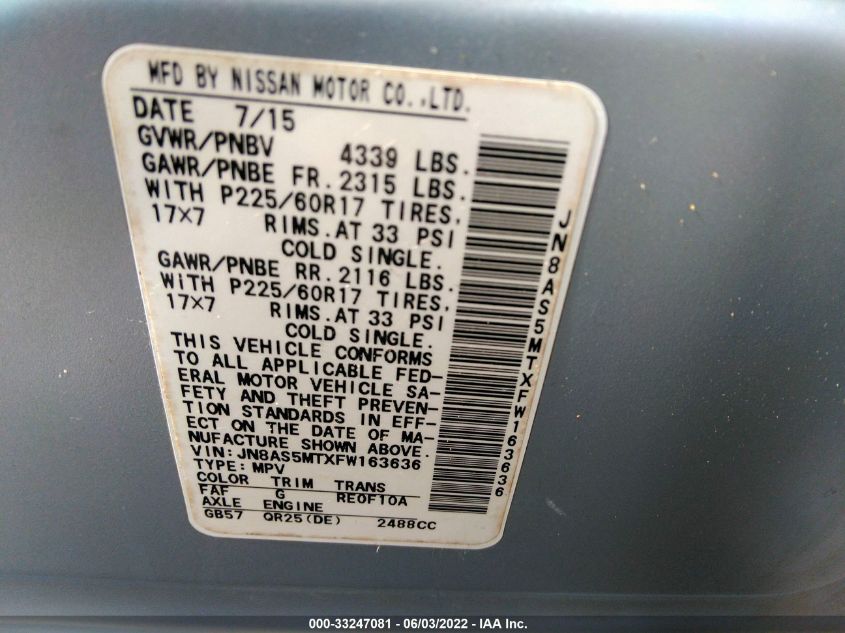 2015 NISSAN ROGUE SELECT S JN8AS5MTXFW163636