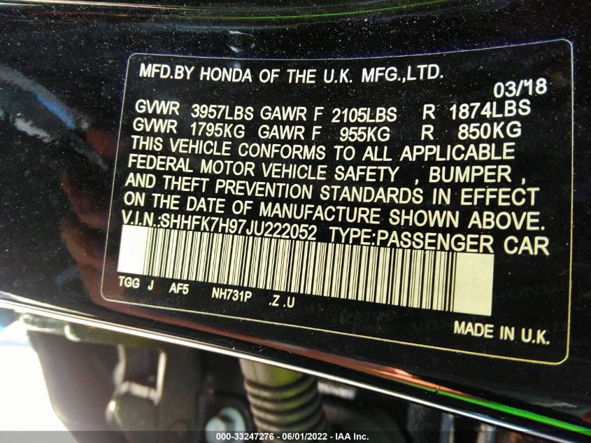2018 HONDA CIVIC HATCHBACK SPORT TOURING SHHFK7H97JU222052