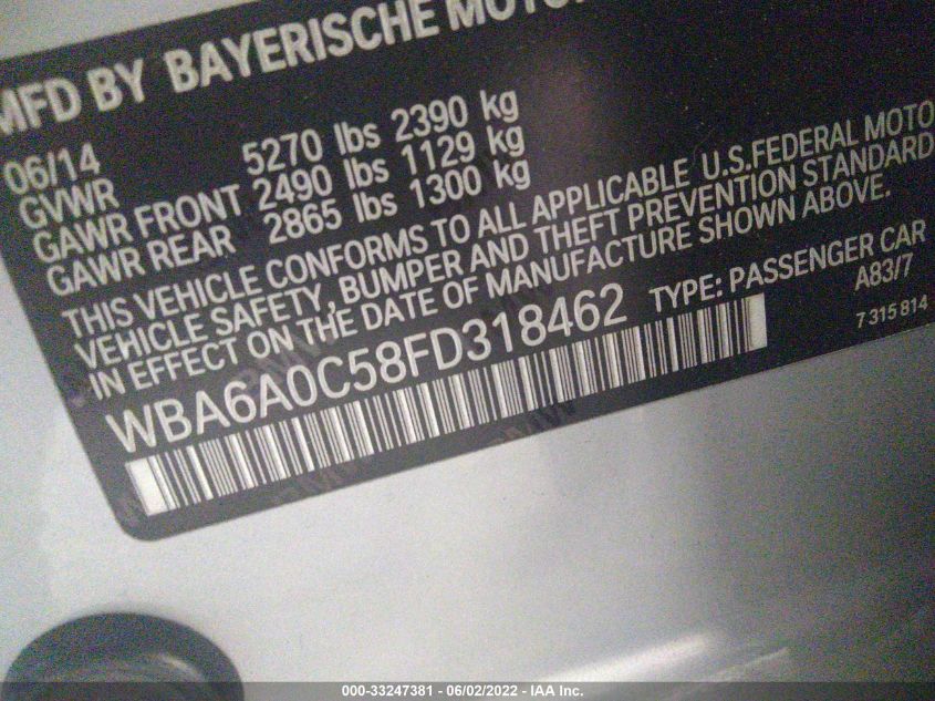 2015 BMW 6 SERIES 640I WBA6A0C58FD318462