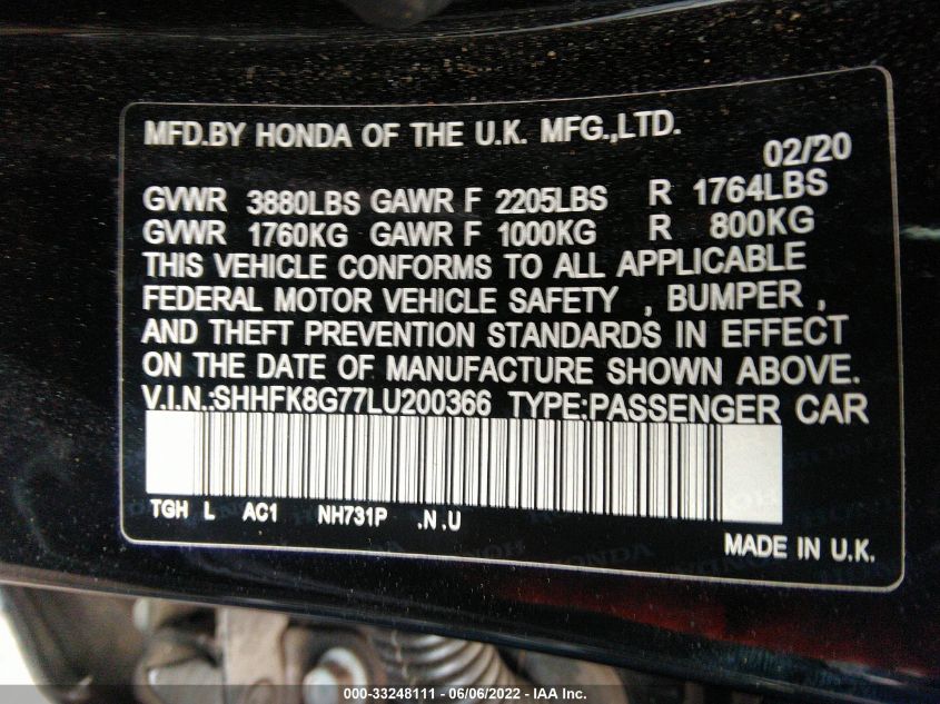 2020 HONDA CIVIC TYPE R TOURING SHHFK8G77LU200366