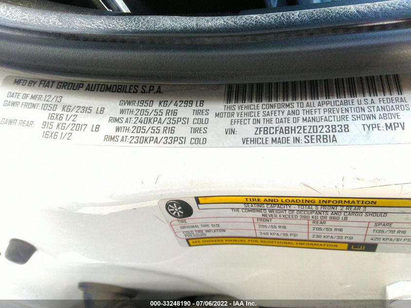 2014 FIAT 500L EASY ZFBCFABH2EZ023838