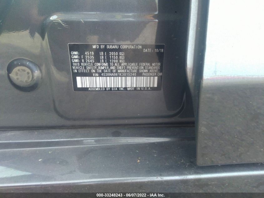 2019 SUBARU LEGACY 4S3BNAB61K3015240