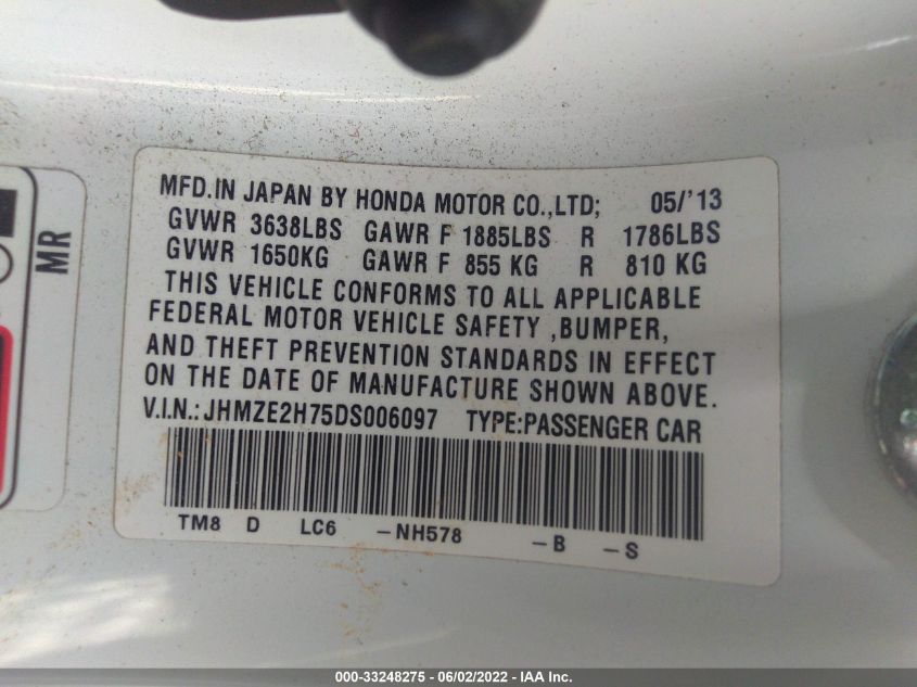 2013 HONDA INSIGHT EX JHMZE2H75DS006097