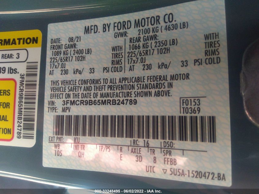 2021 FORD BRONCO SPORT BIG BEND 3FMCR9B65MRB24789