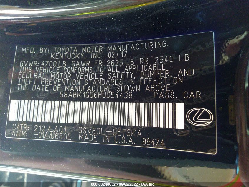 2017 LEXUS ES ES 350 58ABK1GG6HU054438