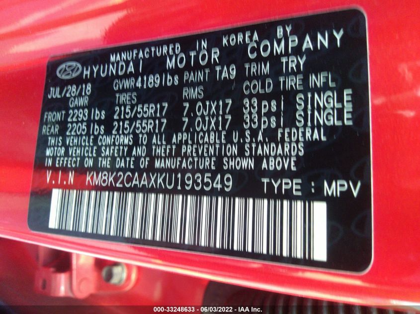 2019 HYUNDAI KONA SEL KM8K2CAAXKU193549