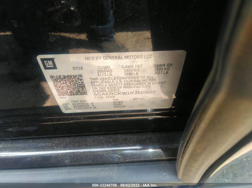 2019 BUICK ENCLAVE PREMIUM 5GAERCKW1KJ110603