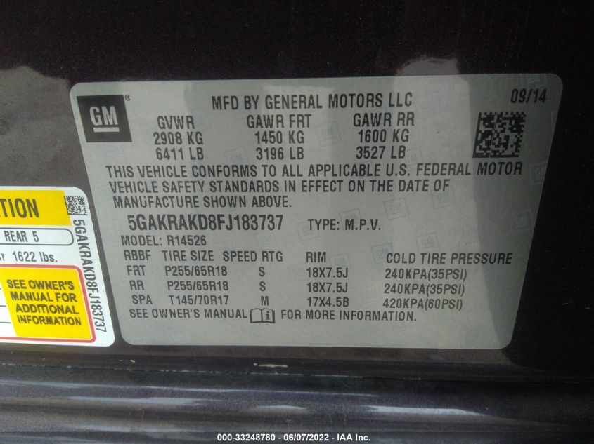 2015 BUICK ENCLAVE CONVENIENCE 5GAKRAKD8FJ183737