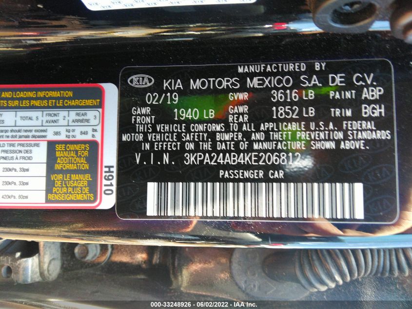 2019 KIA RIO S 3KPA24AB4KE206812