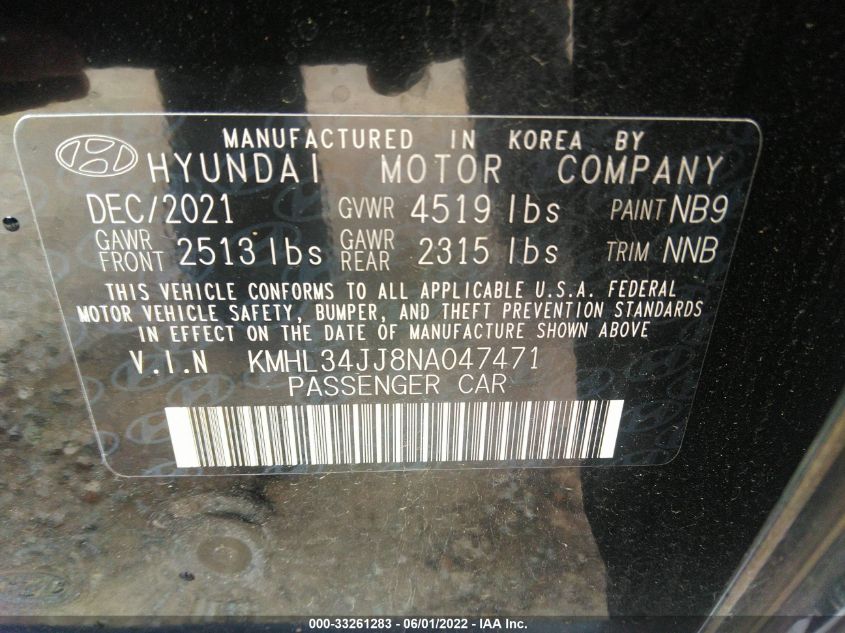 2022 HYUNDAI SONATA HYBRID SEL KMHL34JJ8NA047471