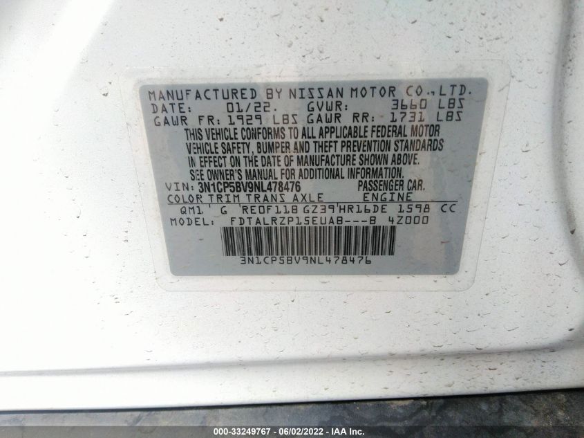 2022 NISSAN KICKS S 3N1CP5BV9NL478476