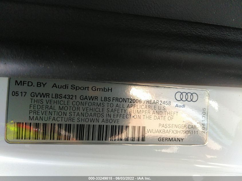 2017 AUDI R8 V10 PLUS WUAKBAFX3H7905111