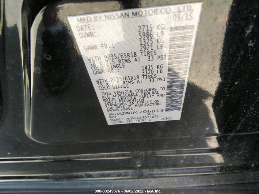 2015 NISSAN PATHFINDER SL 5N1AR2MM1FC706013