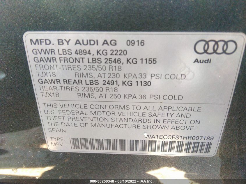 2017 AUDI Q3 PREMIUM WA1ECCFS1HR007189