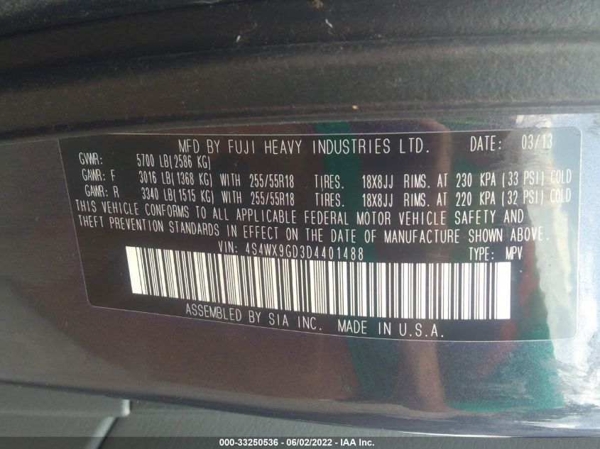 2013 SUBARU TRIBECA LIMITED 4S4WX9GD3D4401488