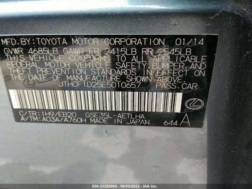 2014 LEXUS IS 250 JTHCF1D25E5010657