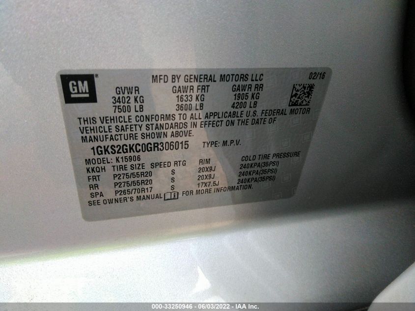 2016 GMC YUKON XL SLT 1GKS2GKC0GR306015