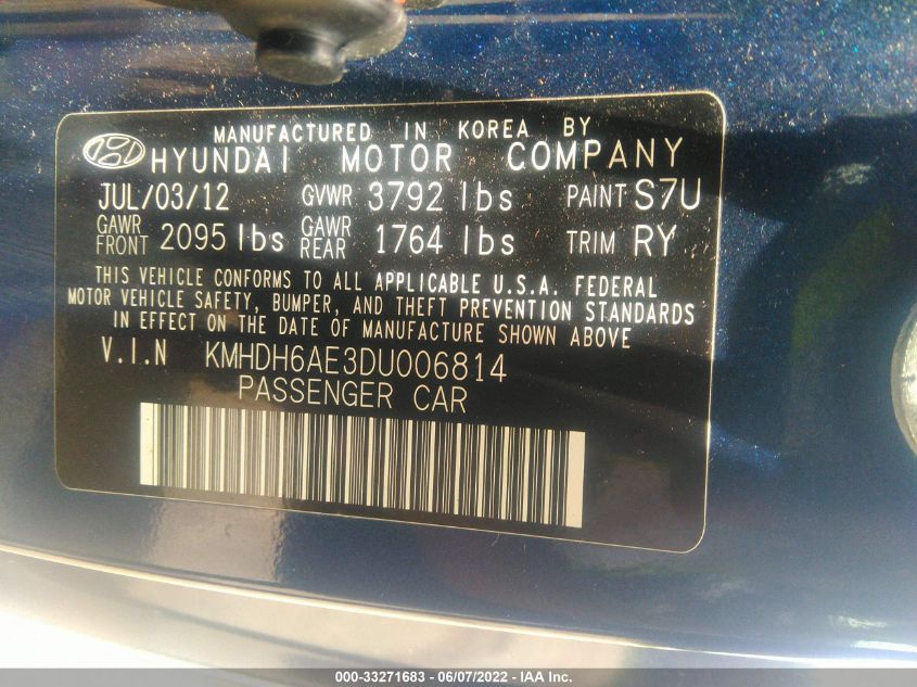 2013 HYUNDAI ELANTRA COUPE GS PZEV KMHDH6AE3DU006814