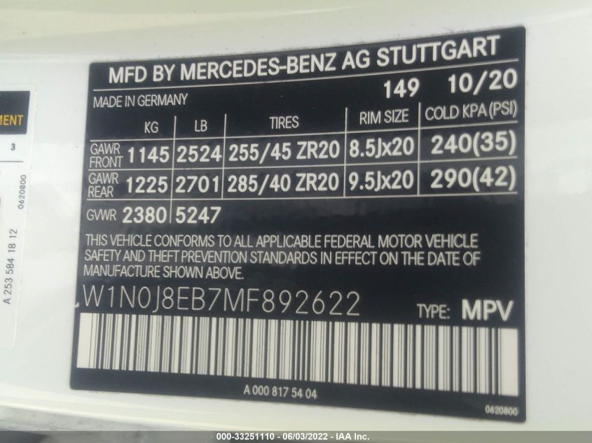 2021 MERCEDES-BENZ GLC GLC 300 W1N0J8EB7MF892622