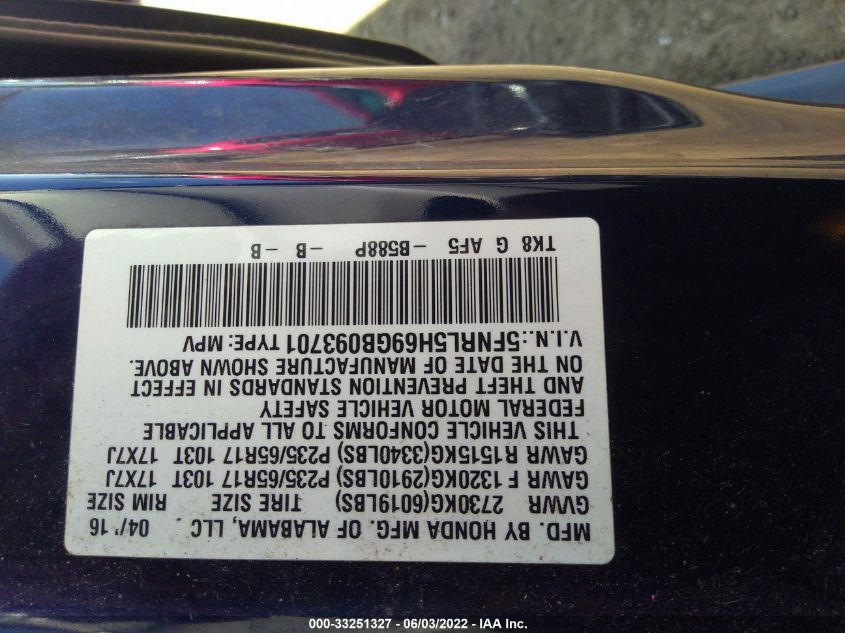 2016 HONDA ODYSSEY EX-L 5FNRL5H69GB093701