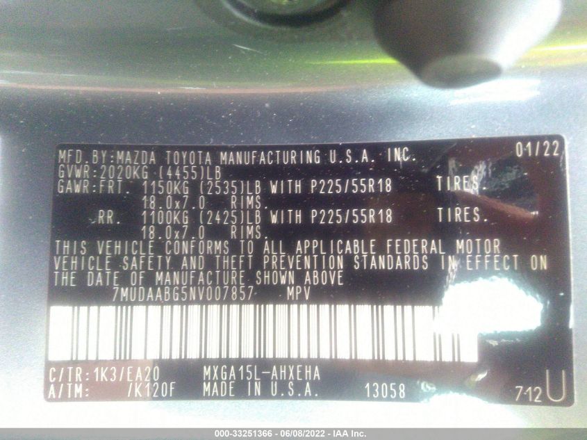 2022 TOYOTA COROLLA CROSS XLE 7MUDAABG5NV007857