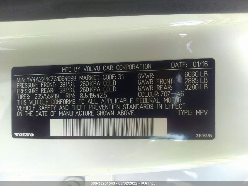 2016 VOLVO XC90 T6 MOMENTUM YV4A22PK7G1064698
