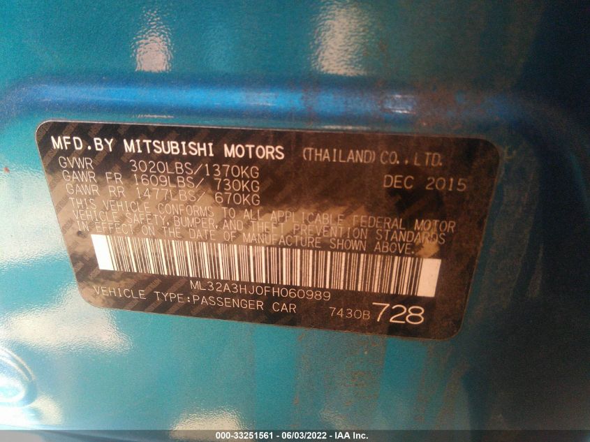 2015 MITSUBISHI MIRAGE DE/RF ML32A3HJ0FH060989