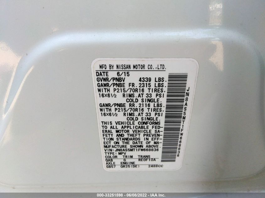2015 NISSAN ROGUE SELECT S JN8AS5MT1FW668836