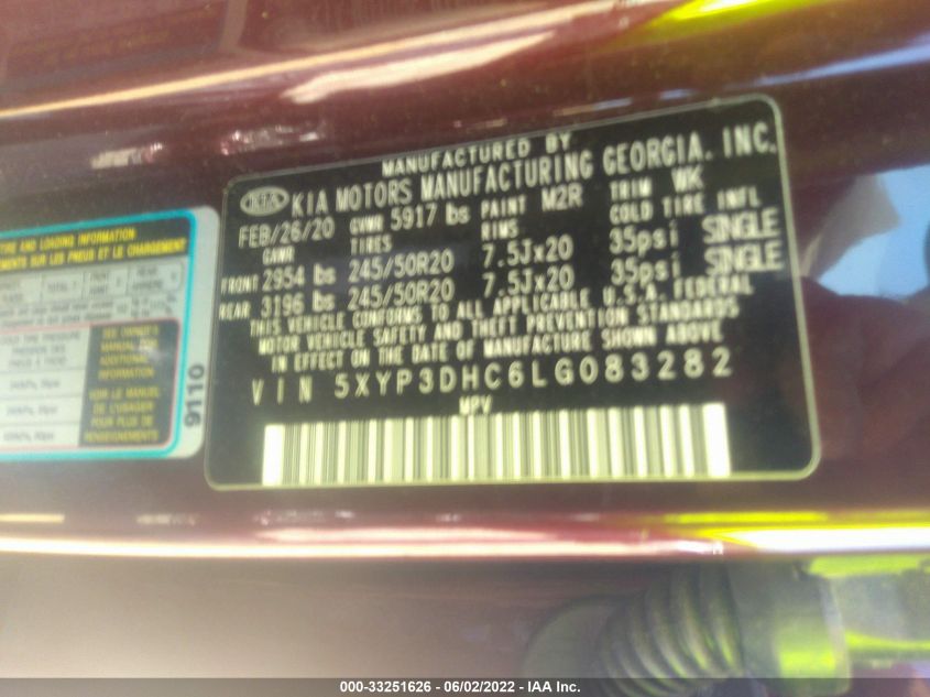 2020 KIA TELLURIDE EX 5XYP3DHC6LG083282