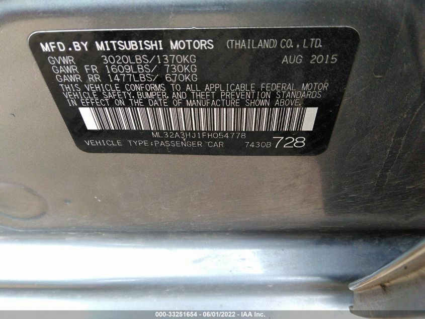 2015 MITSUBISHI MIRAGE DE/RF ML32A3HJ1FH054778