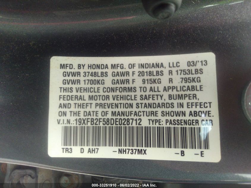 2013 HONDA CIVIC SDN LX 19XFB2F58DE028712