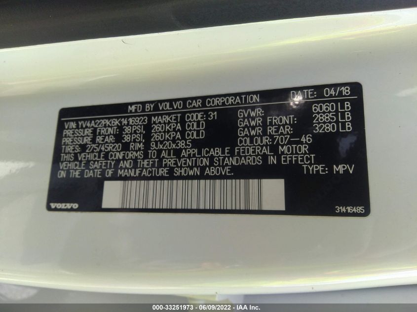 2019 VOLVO XC90 MOMENTUM YV4A22PK6K1416923