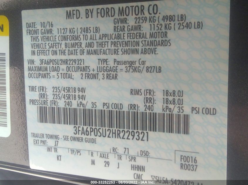 2017 FORD FUSION ENERGI TITANIUM 3FA6P0SU2HR229321