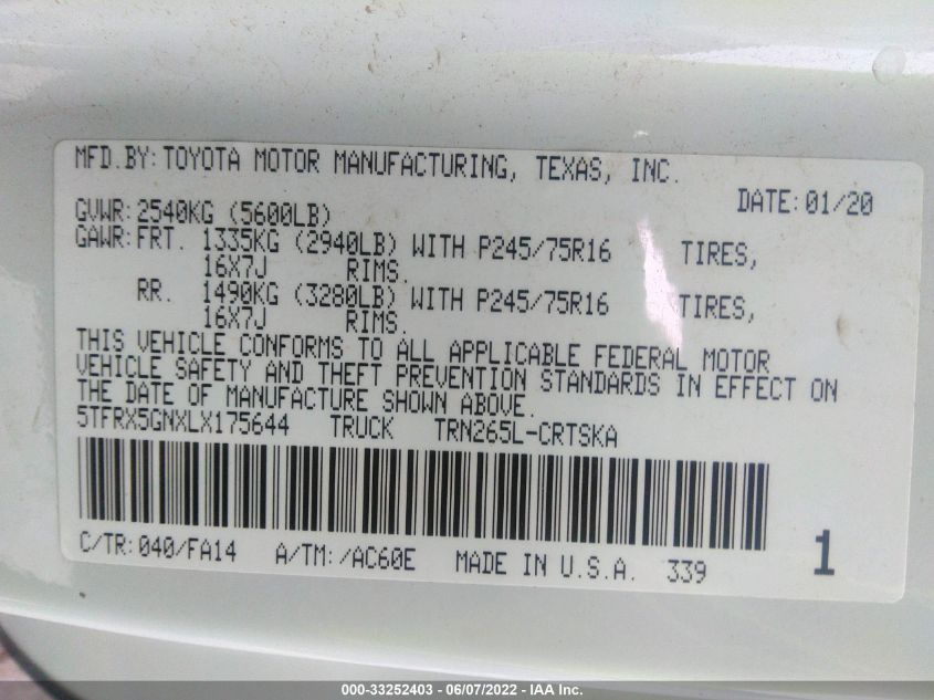 2020 TOYOTA TACOMA 2WD SR/SR5 5TFRX5GNXLX175644