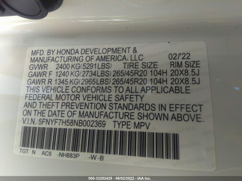 2022 HONDA PASSPORT EX-L 5FNYF7H58NB002369