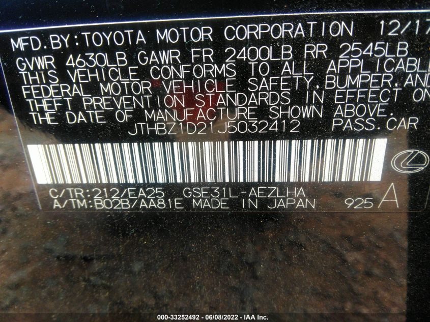 2018 LEXUS IS IS 350 JTHBZ1D21J5032412