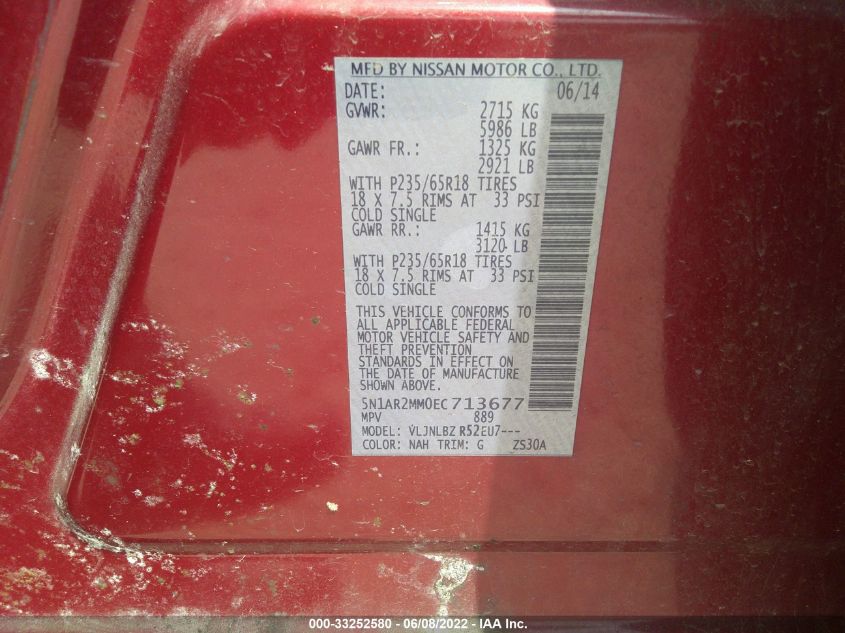 2014 NISSAN PATHFINDER S 5N1AR2MM0EC713677