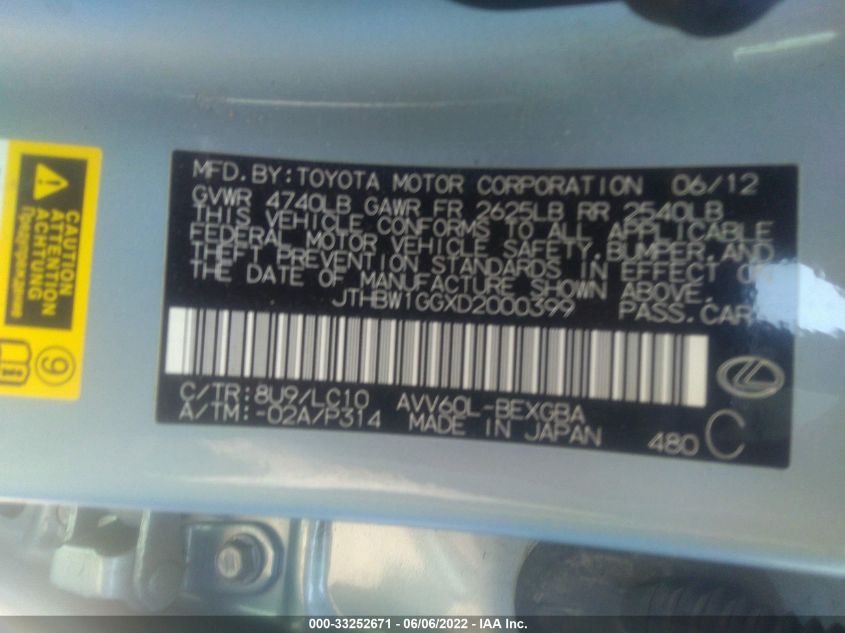 2013 LEXUS ES 300H HYBRID JTHBW1GGXD2000399